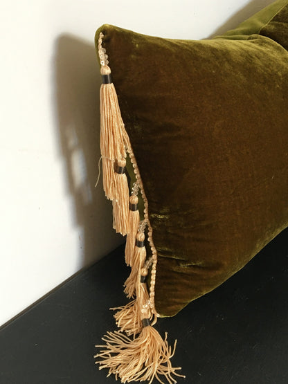 Chartreuse Silk Velvet Pillow Covers - Green and Gold Tassel Cushion - Maximalist Pillow