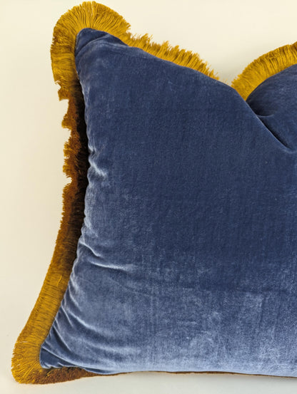 Blue Silk Velvet Pillow Covers - Blue and Gold Fringe Cushion - Royal Home Decor