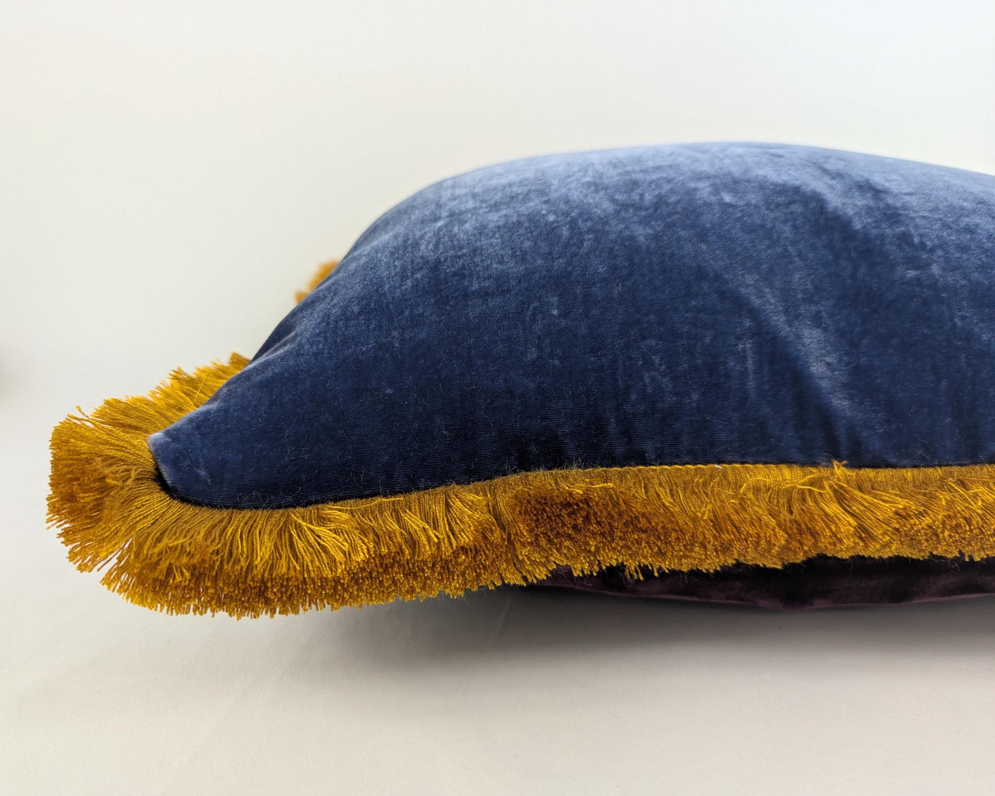 Blue Silk Velvet Pillow Covers - Blue and Gold Fringe Cushion - Royal Home Decor