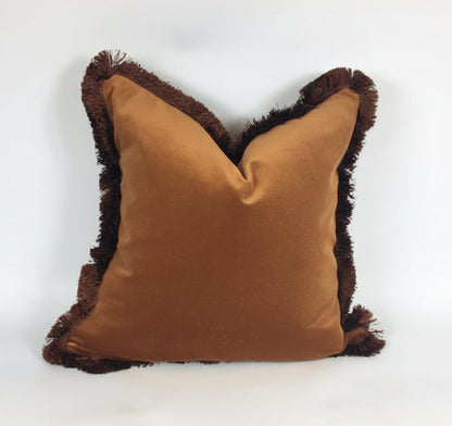 Velvet Pillow Cover, Brown Cotton Velvet Cushion, Rust with Chocolate Brown Fringe