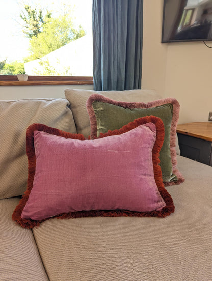 Pink Velvet Pillows , Velvet Cushion, Vintage Rose with Rusty Orange Fringe
