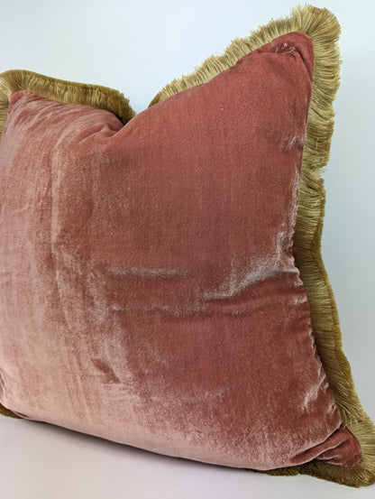 Velvet Pillow Cover, Silk Velvet Cushion, Coral with Light Beige Fringe Trim
