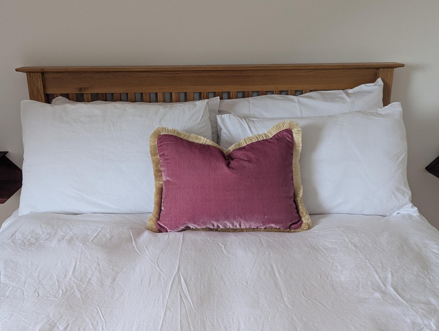 Velvet Pillow Cover, Silk Velvet Cushion, Vintage Rose with Ivory Fringe Trim