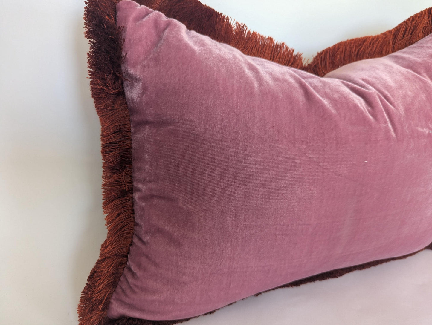 Pink Velvet Pillows , Velvet Cushion, Vintage Rose with Rusty Orange Fringe