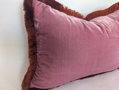 Pink Velvet Pillows , Velvet Cushion, Vintage Rose with Rusty Orange Fringe