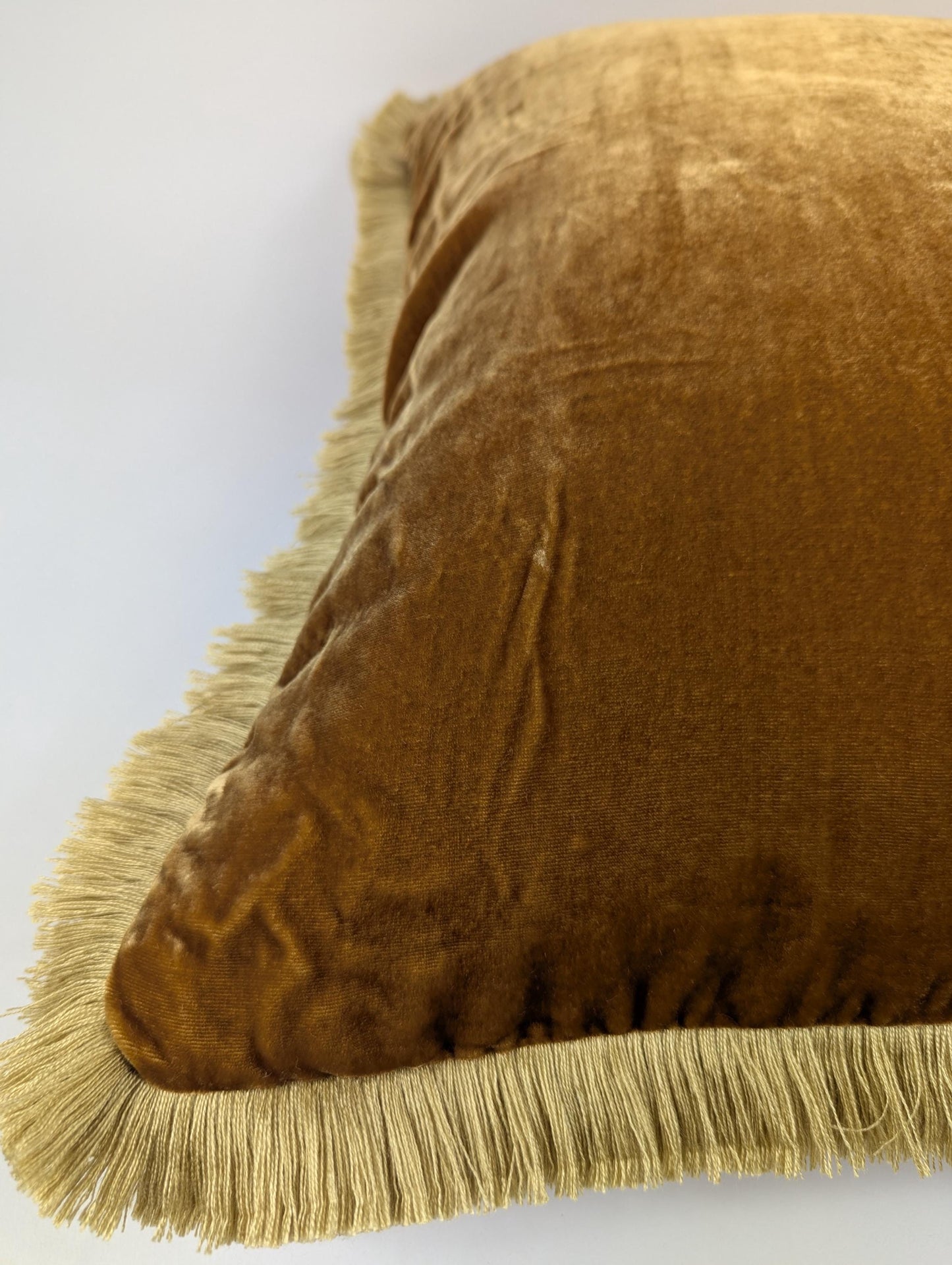Velvet Throw Pillow Cover, Silk Velvet Cushion, Caramel with Beige Fringe Trim