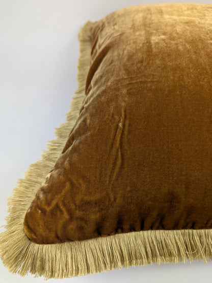 Velvet Throw Pillow Cover, Silk Velvet Cushion, Caramel with Beige Fringe Trim