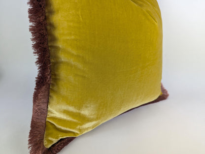 velvet Throw Pillow, Silk Velvet Cushion, Spring Yellow with Dusty Pink Fringe Trim