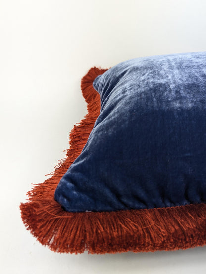 Velvet Throw Pillow, Silk Velvet Cushion, Blue with Rusty Orange Fringe Trim