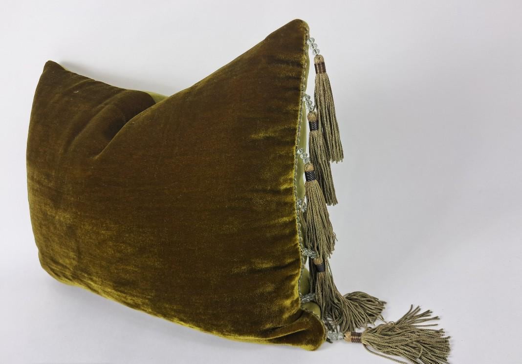 Chartreuse Silk Velvet Pillow Covers - Green and Gold Tassel Cushion - Maximalist Pillow