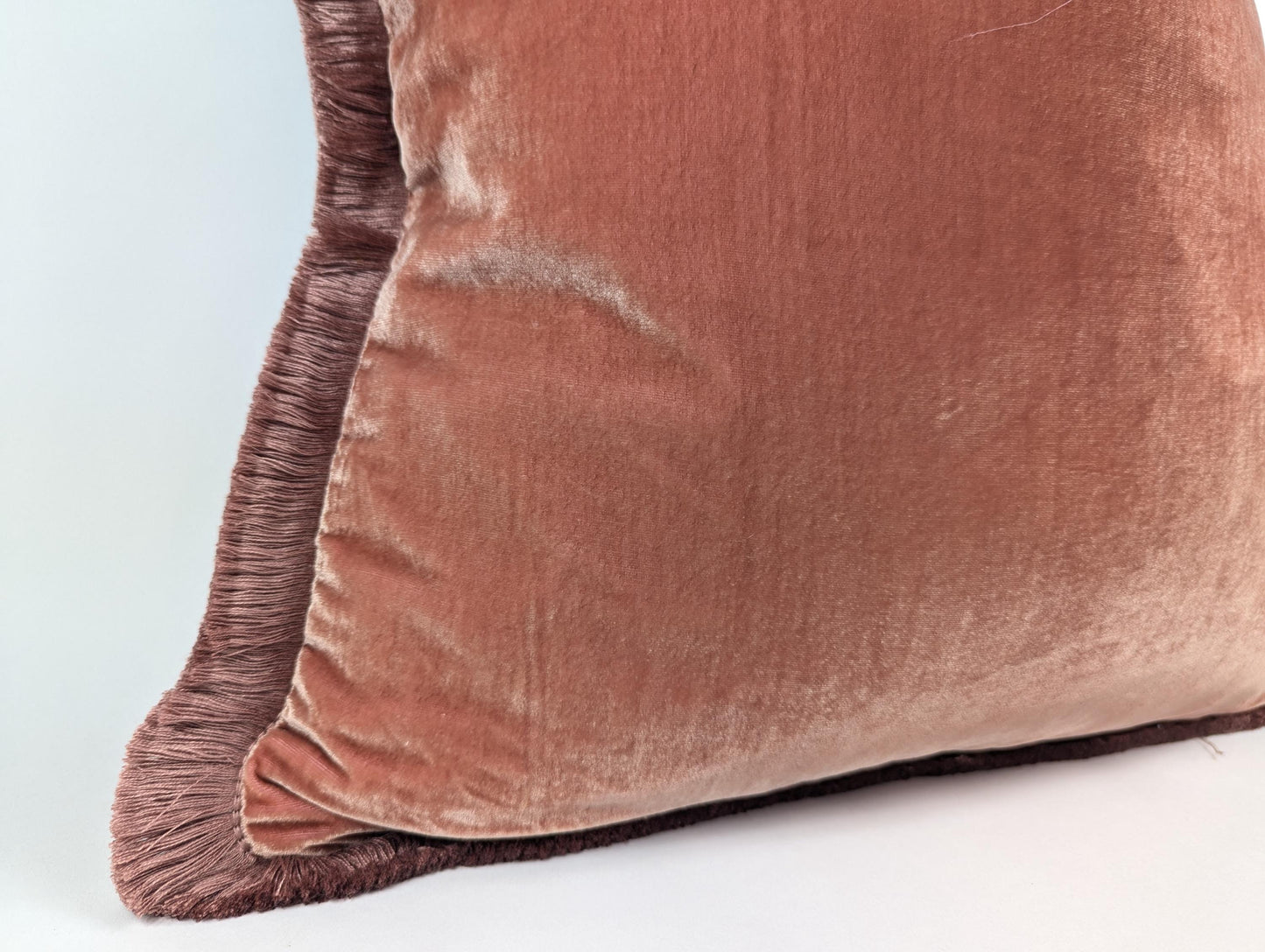 Velvet Fringe Pillow Cover, Silk Velvet Cushion, Coral with Beige Fringe