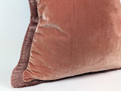 Velvet Fringe Pillow Cover, Silk Velvet Cushion, Coral with Beige Fringe