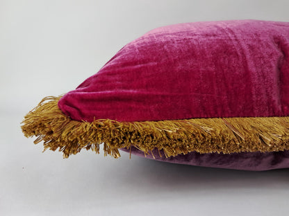 Velvet Throw Pillow, Silk Velvet Cushion, Cerise Pink with Gold Fringe Trim