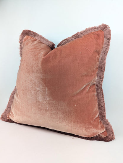 Velvet Fringe Pillow Cover, Silk Velvet Cushion, Coral with Beige Fringe