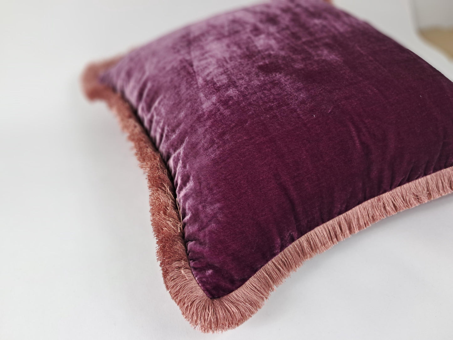Purple Silk Velvet Pillow Covers - Purple with Dusty Pink Fringe Cushion