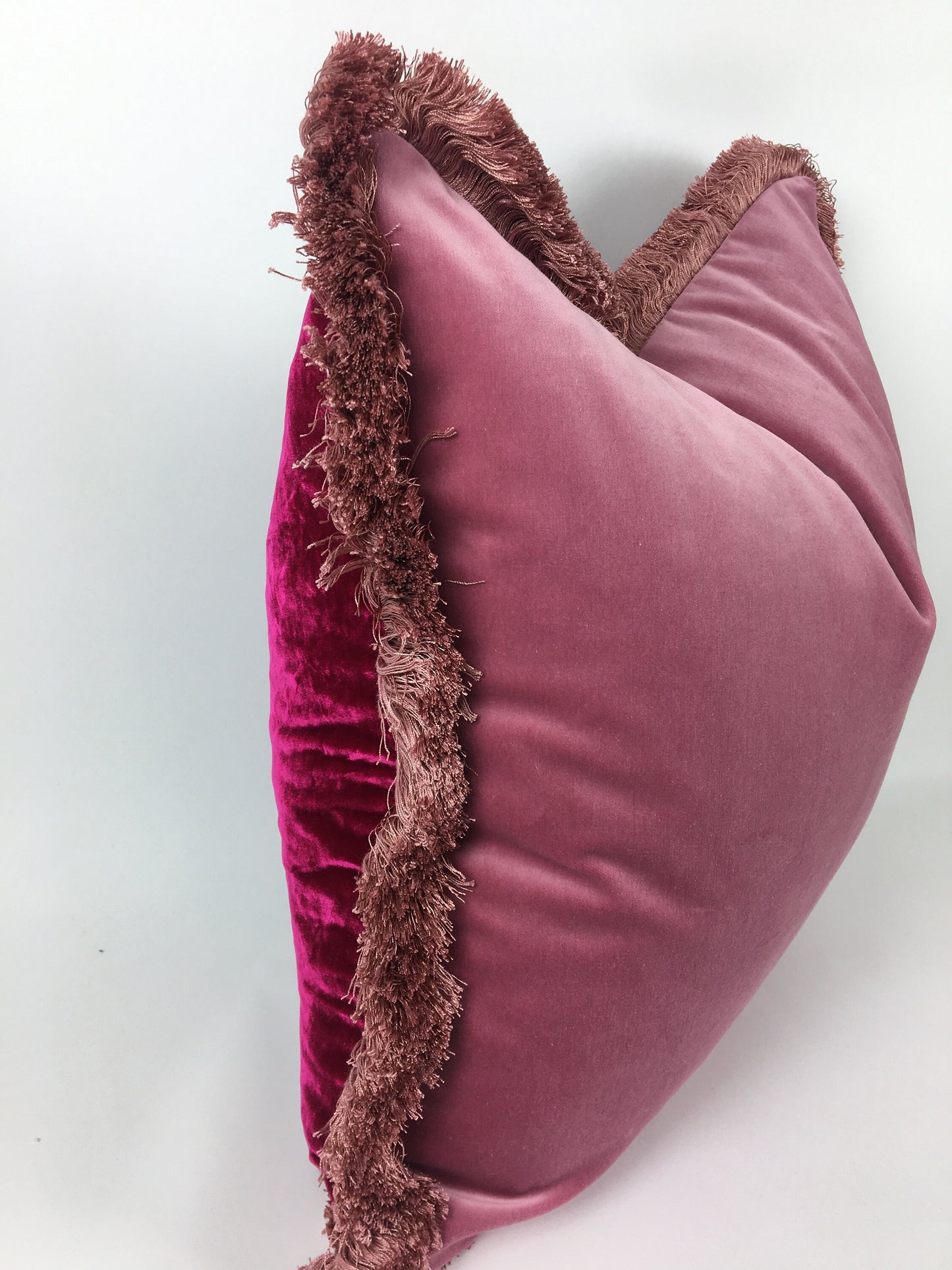 Silk Velvet Throw Pillow, Fuschia Pink Cushion with Dusty Pink Fringe