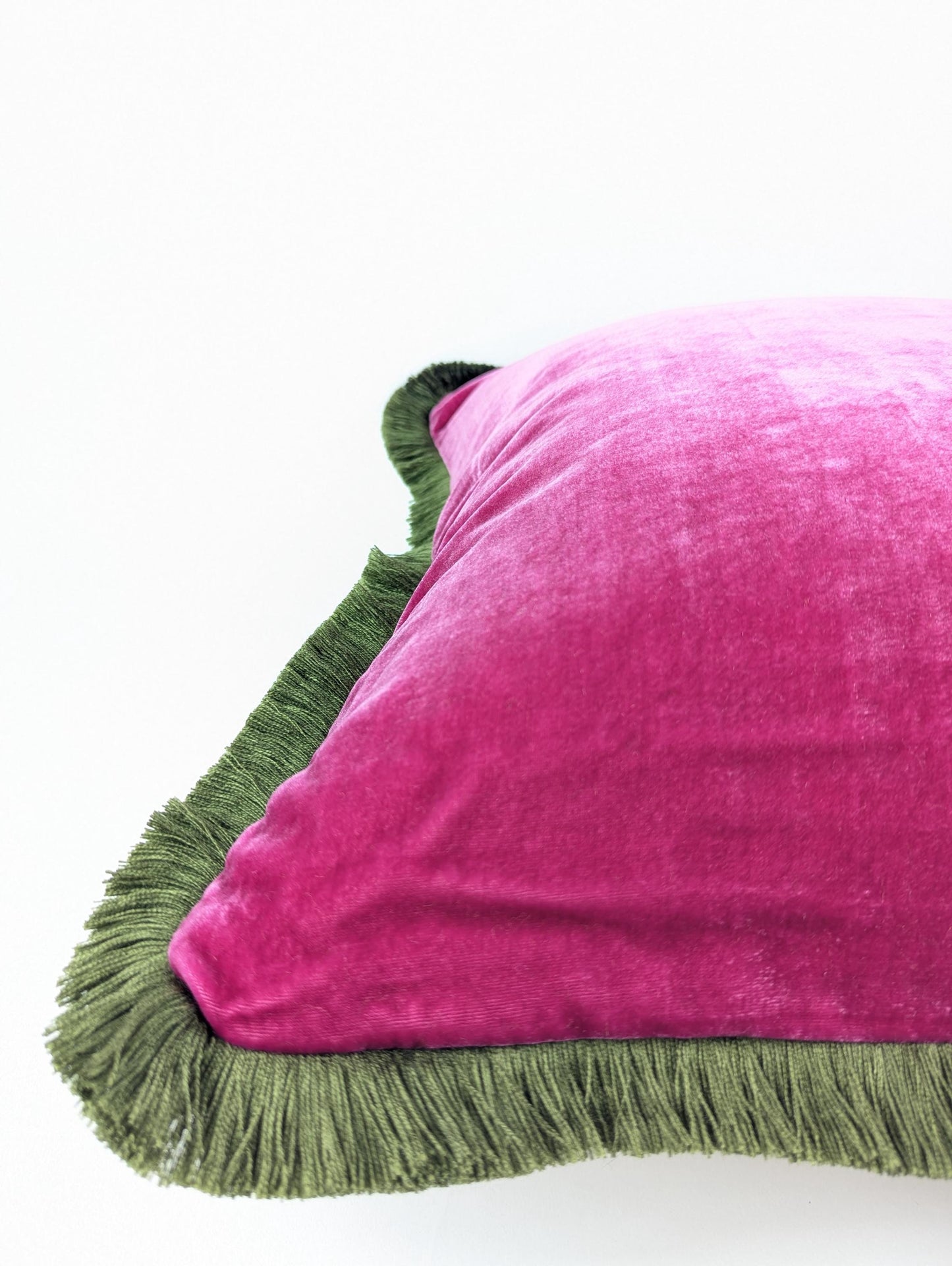 Velvet Throw Pillow, Silk Velvet Cushion, Cerise Pink with Moss Green Fringe Trim