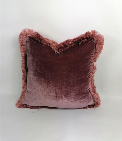 Berry Pink Silk Velvet Fringe Pillow Cover, Dusty Pink Trim Cushion