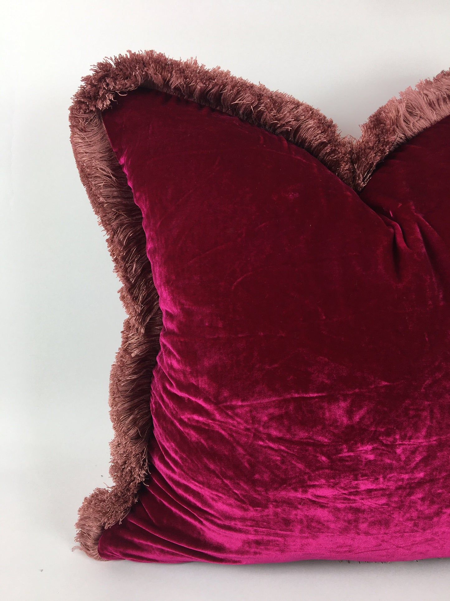 Silk Velvet Throw Pillow, Fuschia Pink Cushion with Dusty Pink Fringe