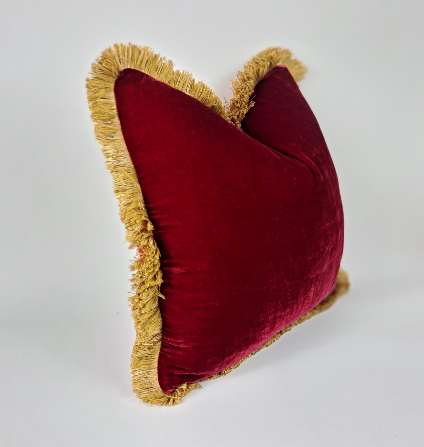 Velvet Pillow Cover, Silk Velvet Cushion, Redcurrant with Gold Fringe Trim