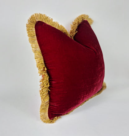 Velvet Pillow Cover, Silk Velvet Cushion, Redcurrant with Gold Fringe Trim