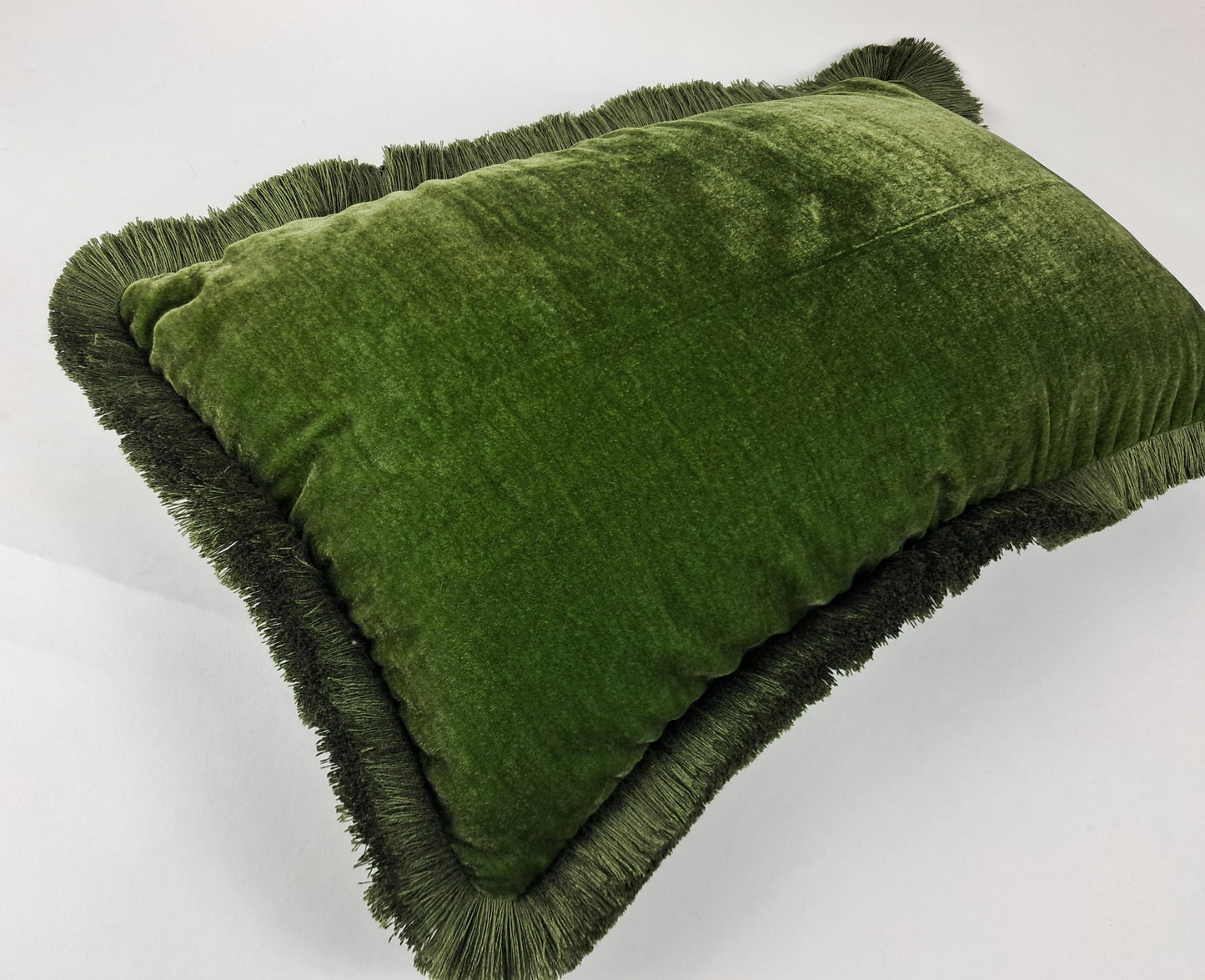 Moss Green Silk Velvet Fringe Pillow Cover, Luxurious Throw Cushion