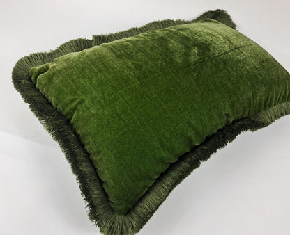 Moss Green Silk Velvet Fringe Pillow Cover, Luxurious Throw Cushion