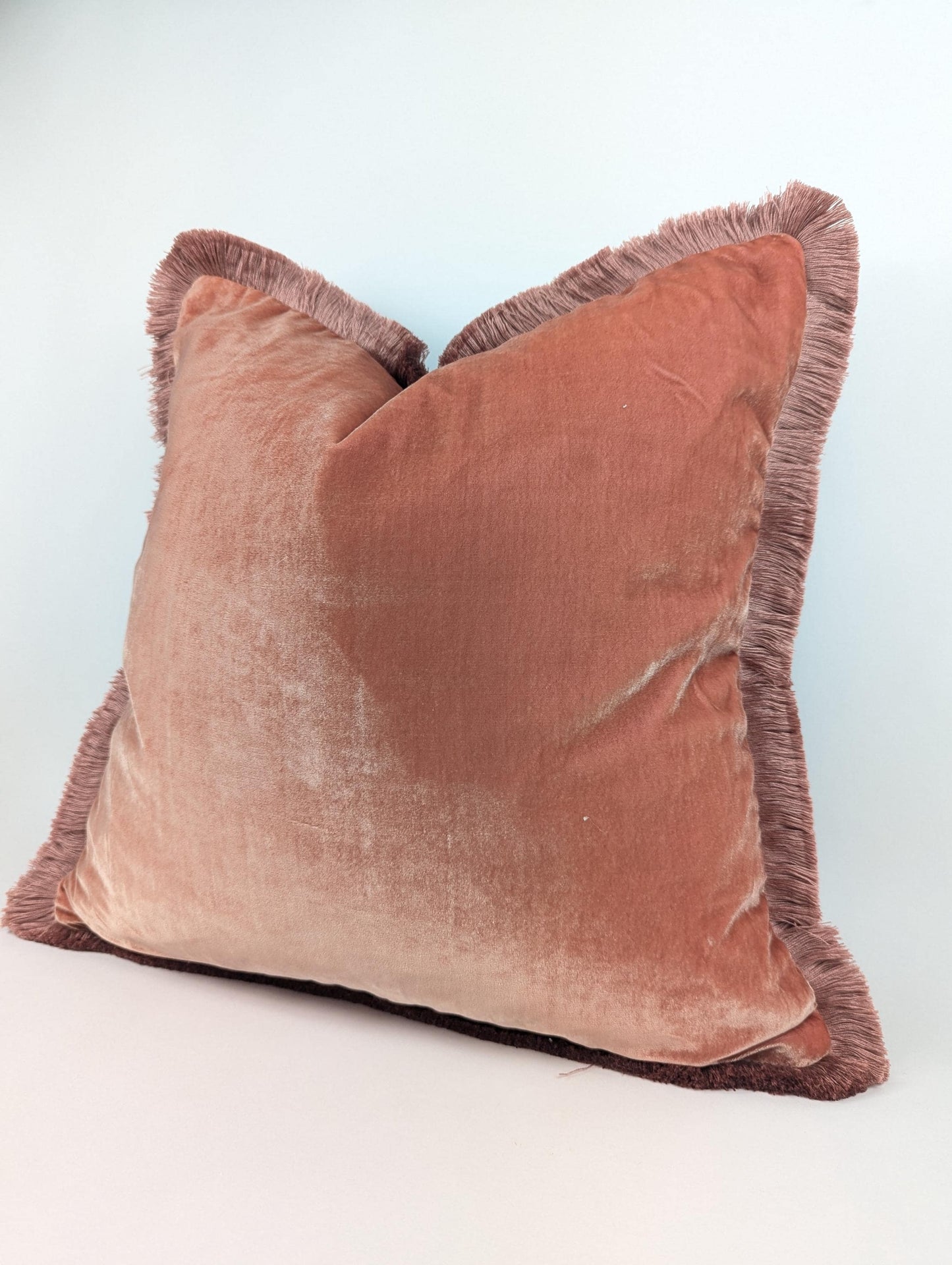 Velvet Throw Pillow Covers, Velvet Cushion, Coral with Fringe Trim