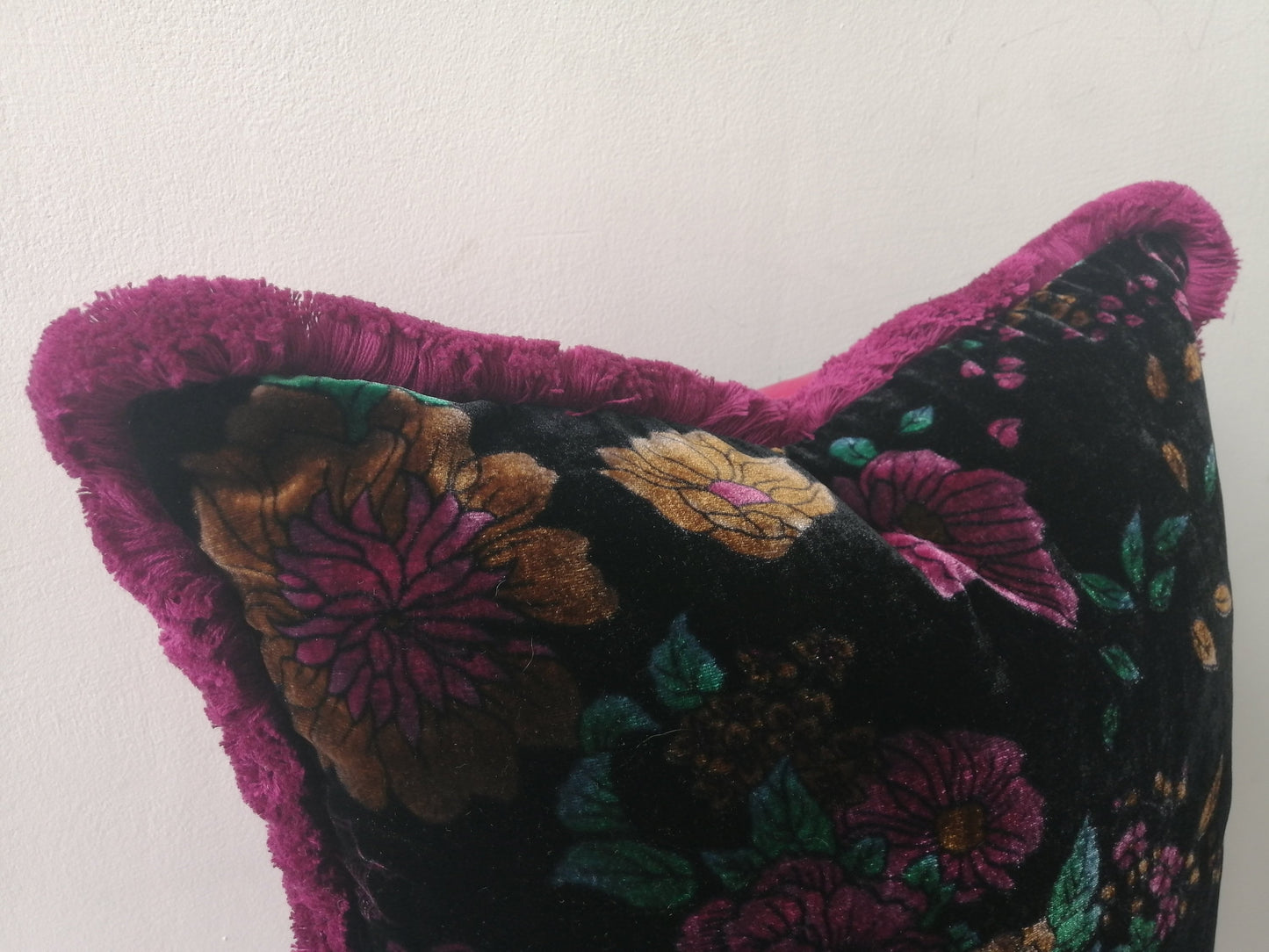 Velvet Throw Pillow, Silk Velvet Cushion, Black Floral with Fuschia Fringe Trim