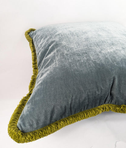Velvet Pillow Cover, Velvet Cushion, Sea Blue with Chartreuse Fringe Trim