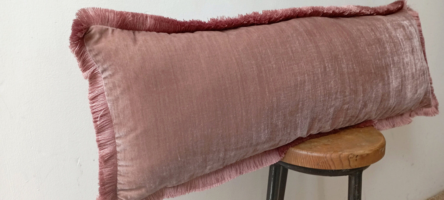 Silk Velvet Throw Pillow with Dusty Rose Fringe Trim