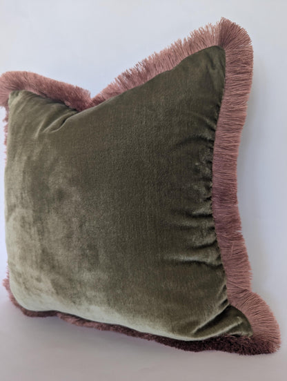 Velvet Pillow Cover, Silk Velvet Cushion, Sage Green with Dusty Pink Fringe Trim