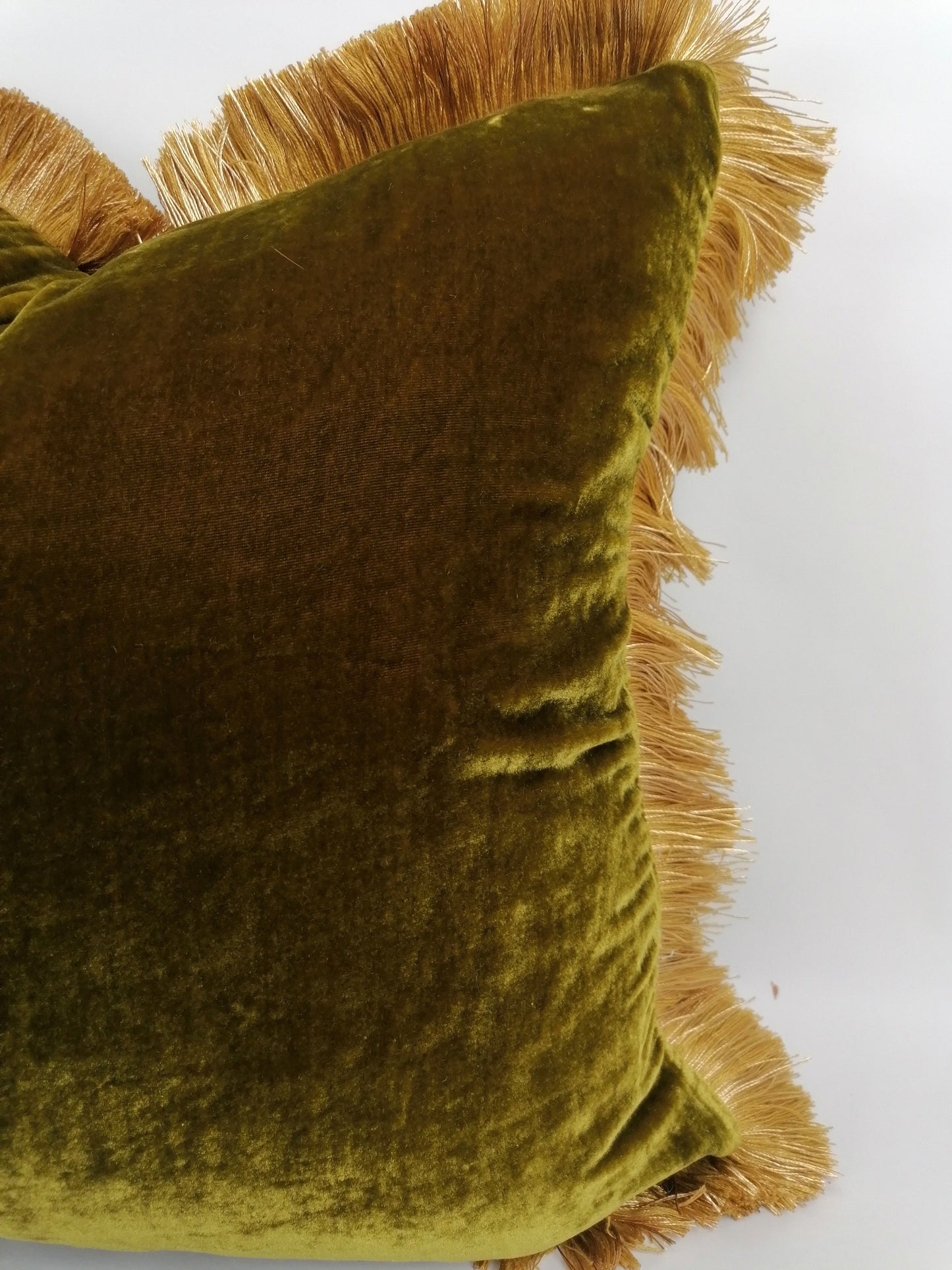 Long Lumbar Pillow, Long Lumbar Velvet Cushion, Chartreuse Green with Gold Fringe Trim