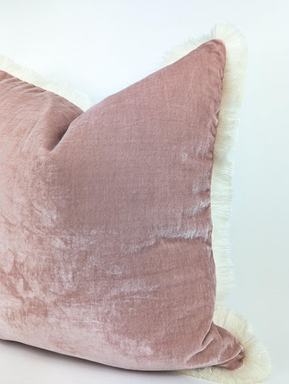 Dusty Rose Silk Velvet Pillow Cover, Fringe Cushion, Luxury Throw Pillow