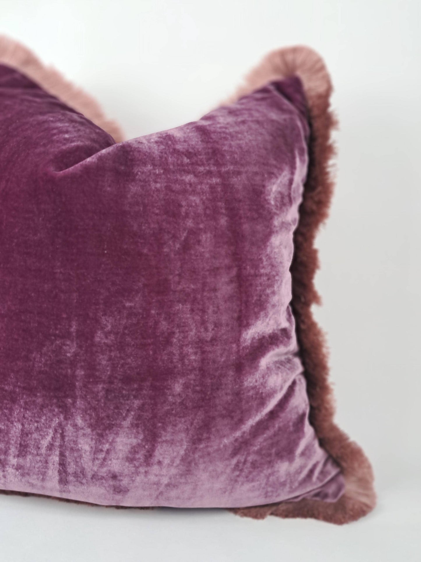 Purple Silk Velvet Pillow Covers - Purple with Dusty Pink Fringe Cushion