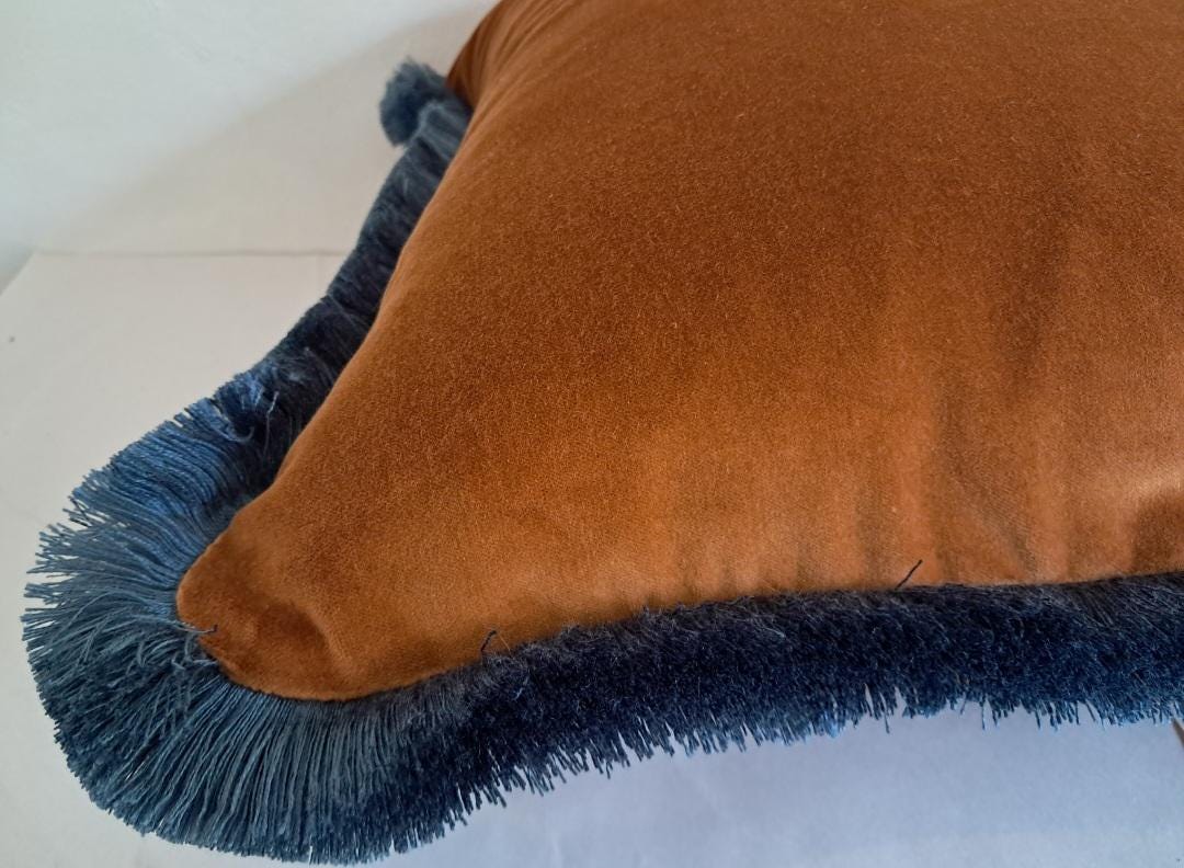 Velvet Throw Pillow Cover, Brown Cotton Velvet Cushion, Rust with Dusty Blue Fringe