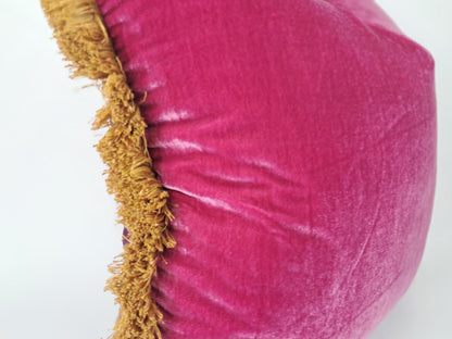 Velvet Throw Pillow, Silk Velvet Cushion, Cerise Pink with Gold Fringe Trim