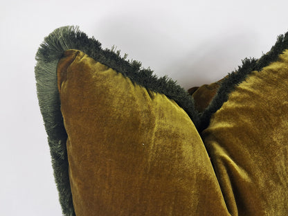 Silk Velvet Pillow Cover, Chartreuse Moss Fringe Trim, Jewel Tone Throw Cushion