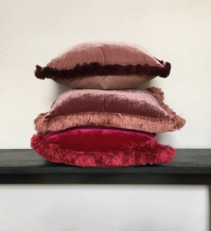 Silk Velvet Throw Pillow with Dusty Rose Fringe Trim