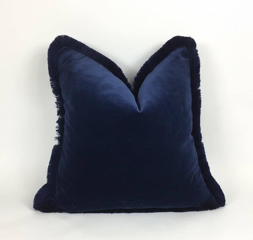 Navy Blue Velvet Throw Pillow - Navy Velvet Fringe Cushion - Midnight Blue Velvet