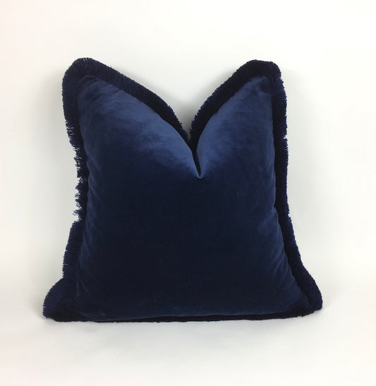 Midnight Blue Velvet Pillow - Luxury Velvet Throw Pillow with Brush Fringe Trim