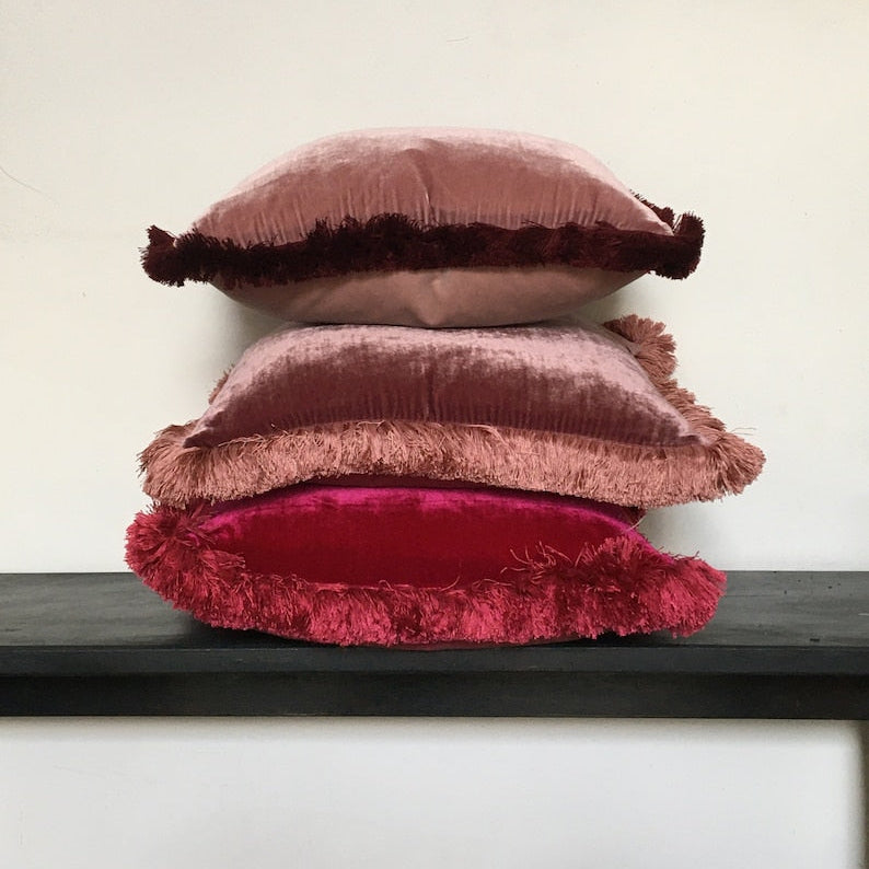 Silk Velvet Pillow – Dusty Rose Velvet Fringe Cushion