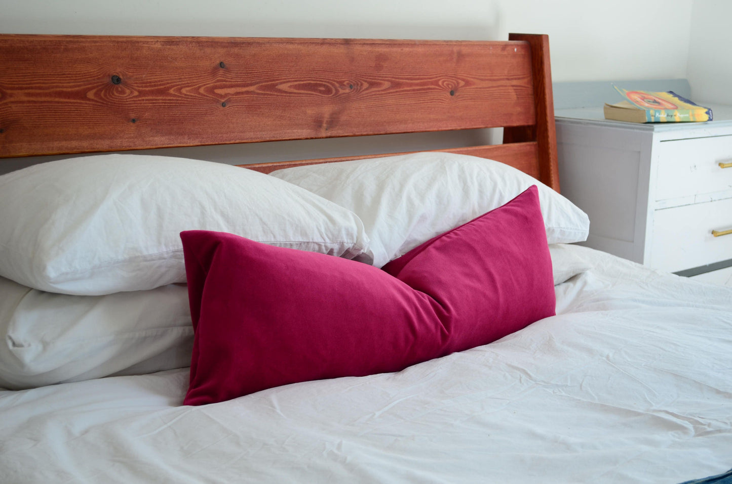 Long Lumbar Pillow - Pink Velvet Cushion | Soft Cotton Velvet Throw Pillow