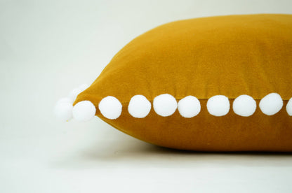 Mustard pillow with pom poms // pom pom cushion // pom pom pillow // mustard velvet pom pillow