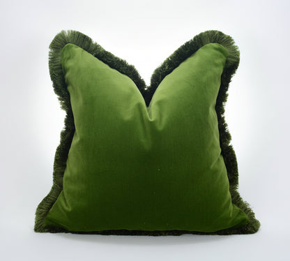 Green Velvet Pillow – Moss Green Cushion With Brush Fringe Trim | Luxury Cotton Velvet Cover