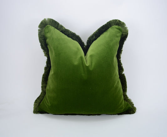 Green Velvet Pillow – Moss Green Cushion With Brush Fringe Trim | Luxury Cotton Velvet Cover