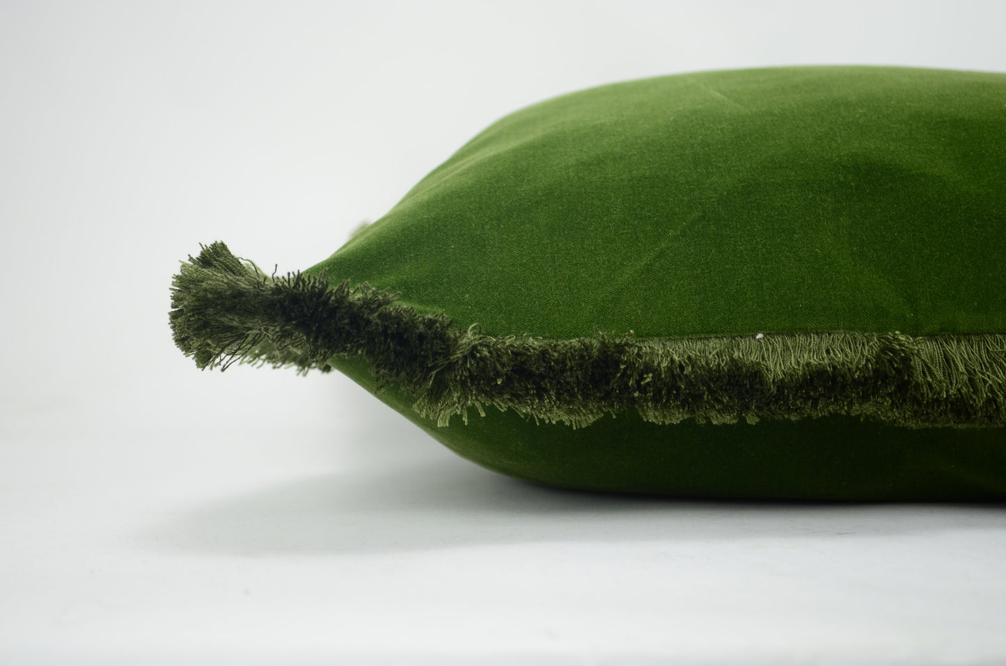 Green Velvet Pillow – Moss Green Cushion With Brush Fringe Trim | Luxury Cotton Velvet Cover