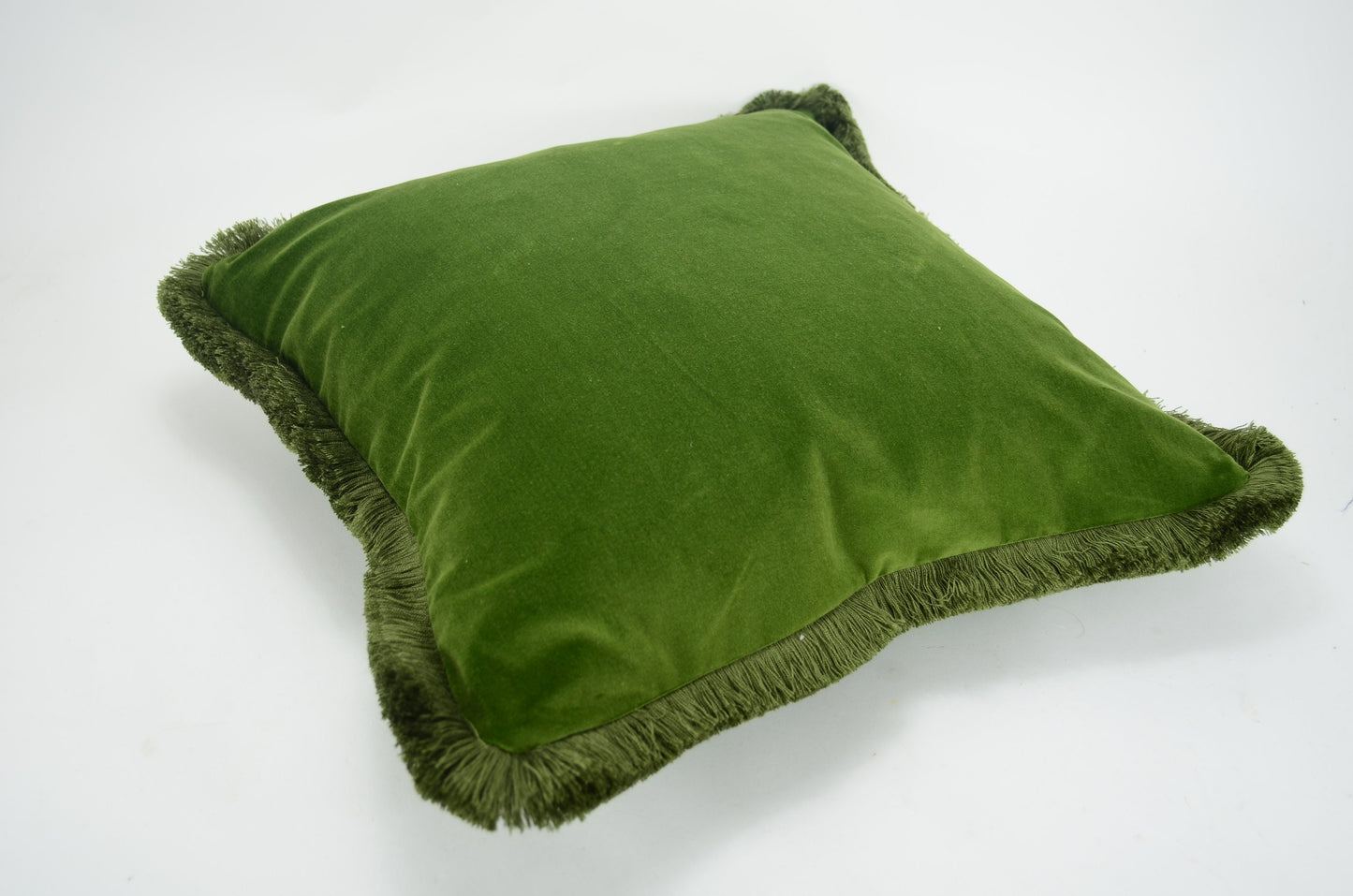 Green Velvet Pillow – Moss Green Cushion With Brush Fringe Trim | Luxury Cotton Velvet Cover