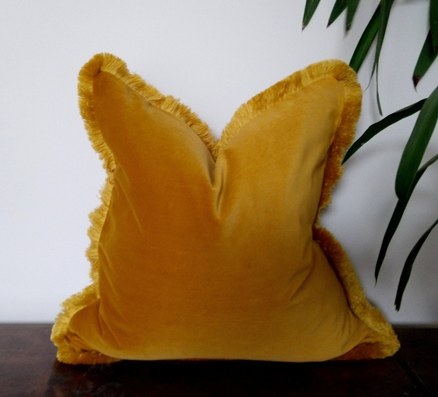 Mustard Velvet Cushion | Brush Fringe Pillow With Soft Velvet Cover
