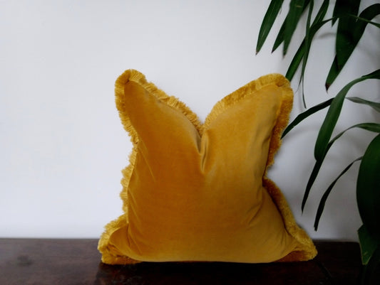 Mustard Velvet Cushion | Brush Fringe Pillow With Soft Velvet Cover